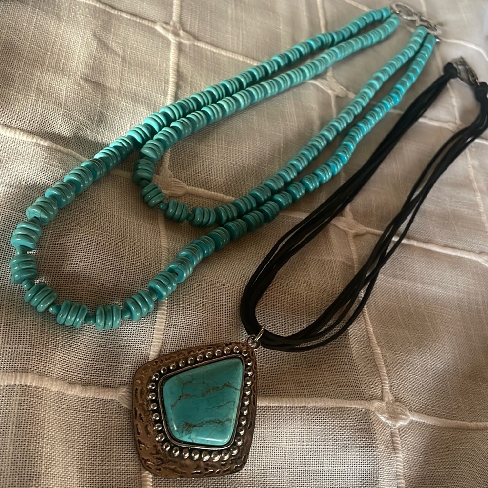 West & co  turquoise stone 2 bead necklace & black leather necklace with stone